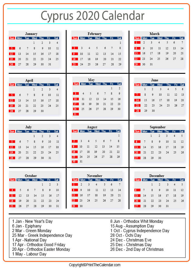 Cyprus Calendar 2020